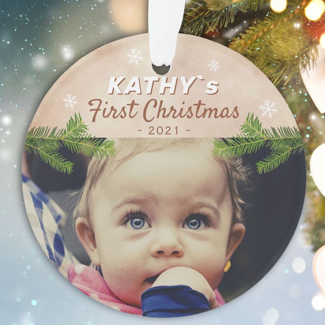 Niedlich Baby First Christmas Snowflake Pine Foto Ornament (Von Creator hochgeladen)