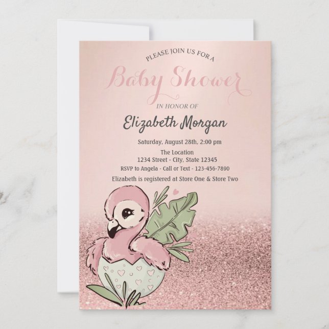 Niedlich Baby Flamingo Rose Gold Glitzer Baby Dusc Einladung (Vorderseite)