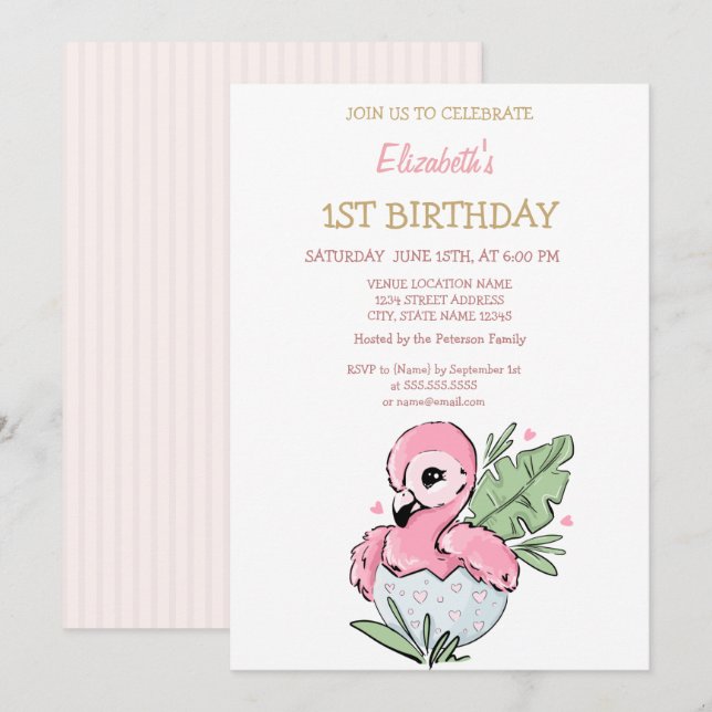 Niedlich Baby Flamingo Striping Geburtstag Einladung (Vorne/Hinten)