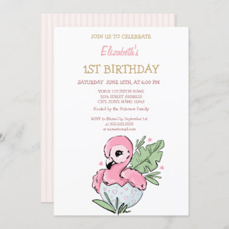 Niedlich Baby Flamingo Striping Geburtstag Einladung