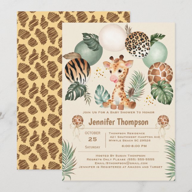 Niedlich Baby Giraffe Safari Animal Print Beige Einladung (Vorne/Hinten)