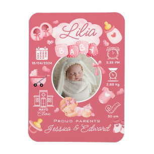 Niedlich Baby Girl Birth Stats Pink Neugeborene Mo Magnet