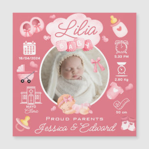 Niedlich Baby Girl Birth Stats Pink Neugeborene Mo Magnetkarte