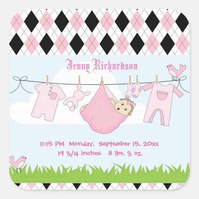Niedlich Baby Girl Clothes Line Quadratischer Aufkleber (Vorderseite)