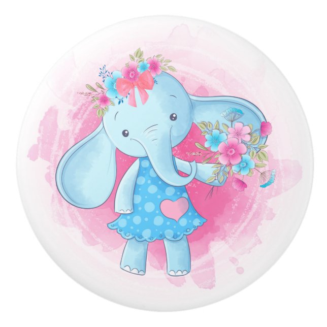 Niedlich Baby Girl Elephant Blume Pink Bow Cartoon Keramikknauf (Vorderseite)