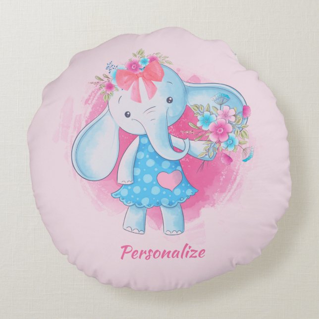 Niedlich Baby Girl Elephant Blume Pink Bow Cartoon Rundes Kissen (Rückseite)
