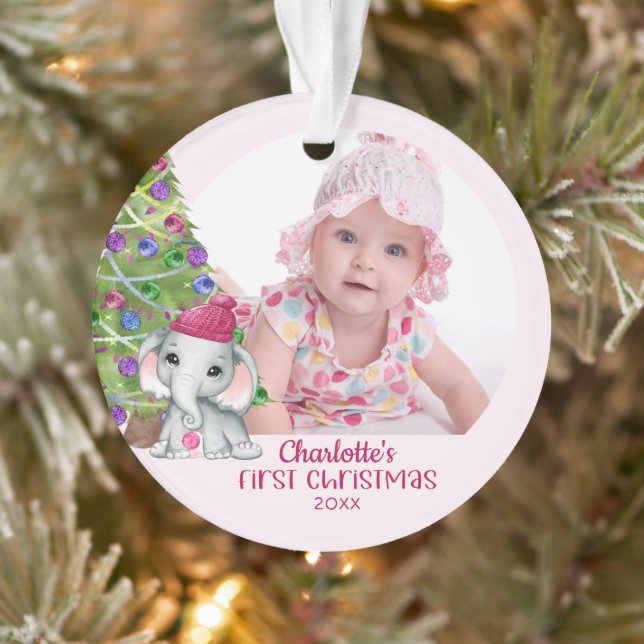 Niedlich Baby Girl Elephant Erstes Foto Rosa Ornament (Baum)