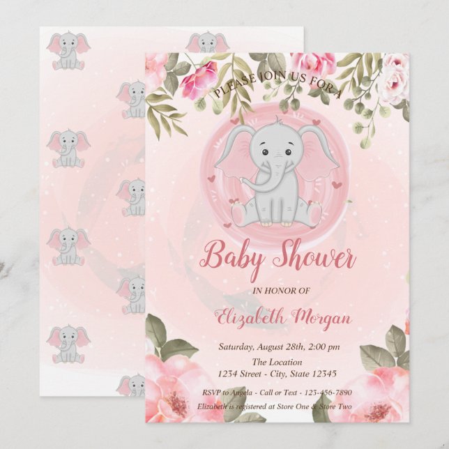 Niedlich Baby Girl Elephant, Floral Baby Dusche Einladung (Vorne/Hinten)