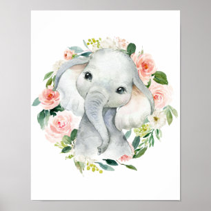 Niedlich Baby Girl Elephant Floral Poster