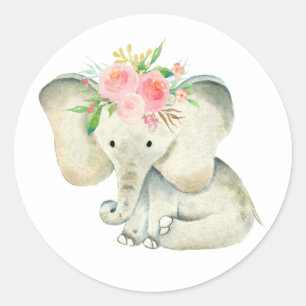 Niedlich Baby Girl Elephant mit Blume Runder Aufkleber