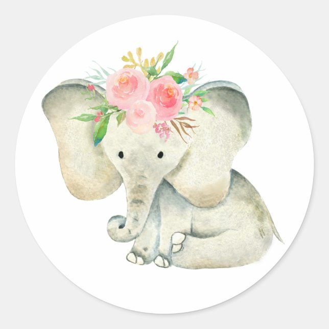 Niedlich Baby Girl Elephant mit Blume Runder Aufkleber (Vorderseite)