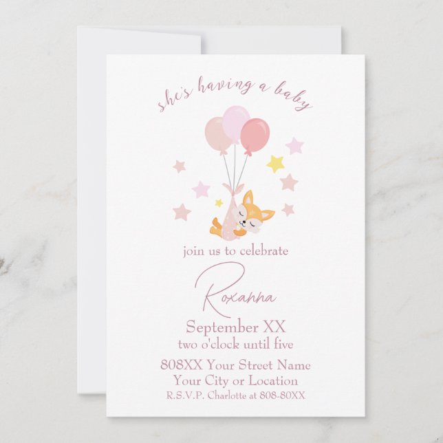 Niedlich Baby Girl Fox und Balloons Babydusche Einladung (Vorderseite)