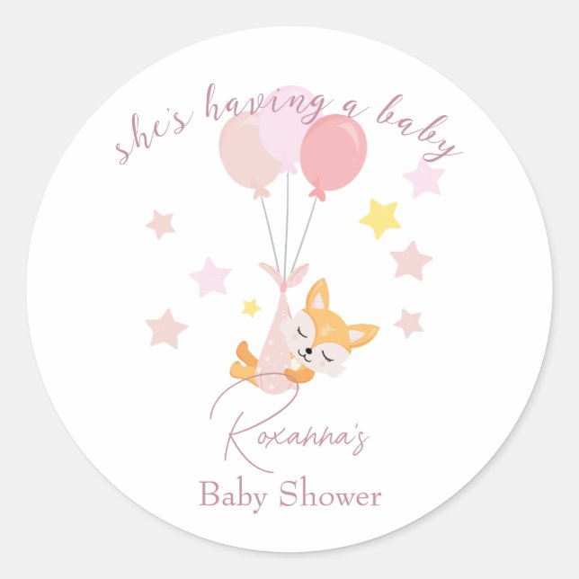 Niedlich Baby Girl Fox und Balloons Runder Aufkleber (Vorderseite)