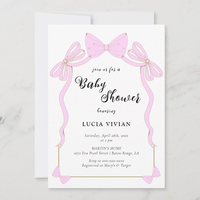 Niedlich Baby Girl Pink Coquette Bow Babydusche Einladung (Vorderseite)