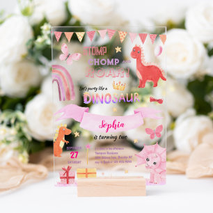 Niedlich Baby Girl Pink Dino Dinosaur Kindergeburt Acryleinladungen