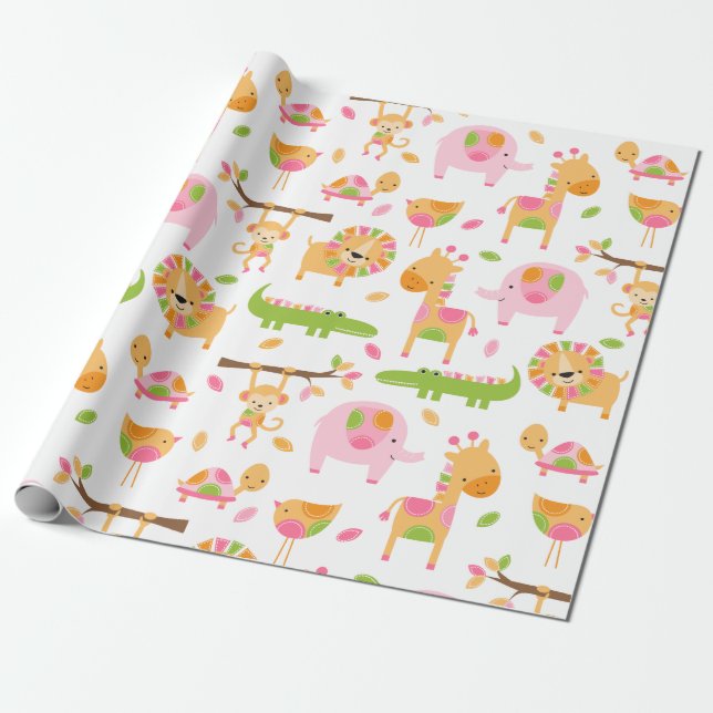 Niedlich Baby Girl Pink Jungle Animal Wrapping Pap Geschenkpapier (Ungerollt)