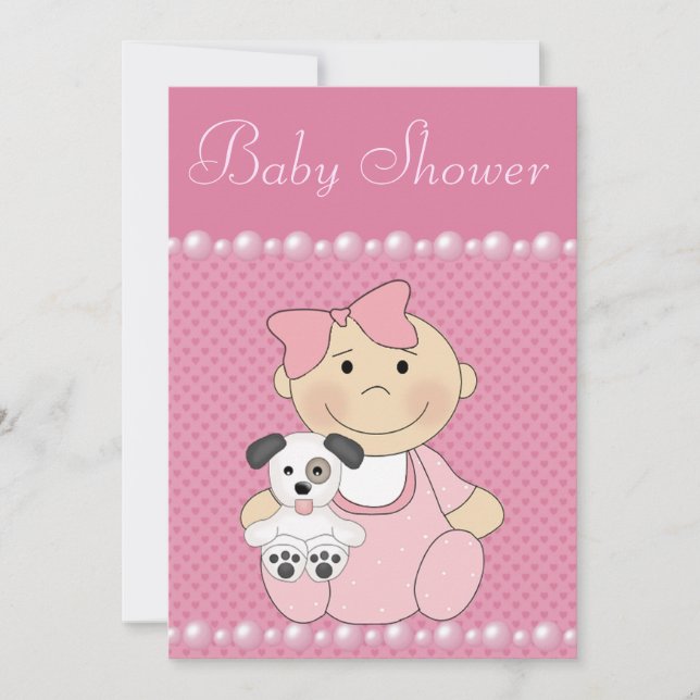Niedlich Baby Girl & Puppy Pink Babydusche Einladung (Vorderseite)