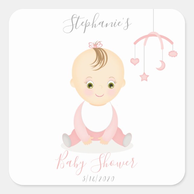 Niedlich Baby Girl und ihre Babydusche Quadratischer Aufkleber (Vorderseite)
