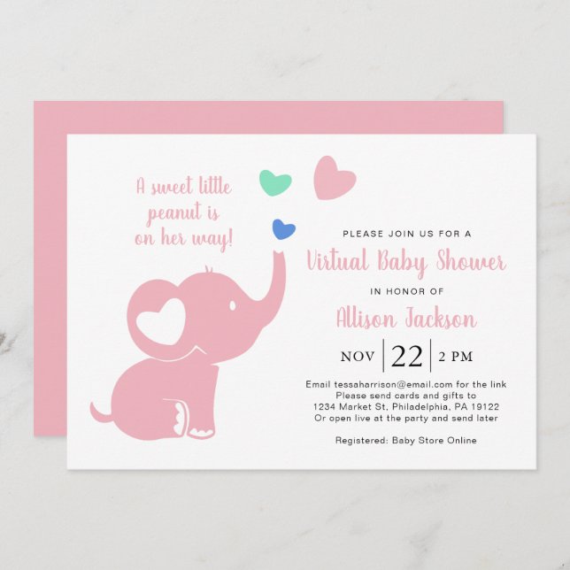 Niedlich Baby Girl Virtual Shower Elephant Pink Einladung (Vorne/Hinten)