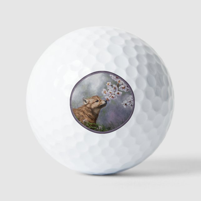 Niedlich Baby Gray Wolf Pup und Blume Golfball (Vorderseite)