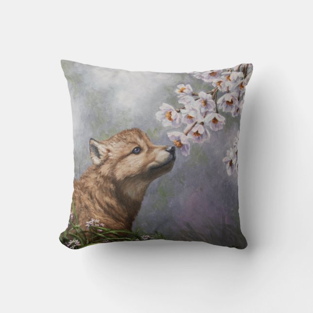 Niedlich Baby Gray Wolf Pup und Blume Kissen (Vorderseite)