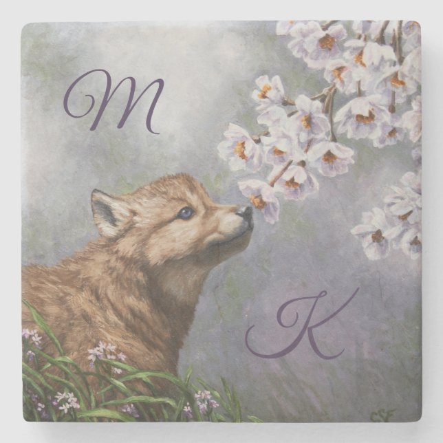 Niedlich Baby Gray Wolf Pup und Blume Steinuntersetzer (Vorderseite)