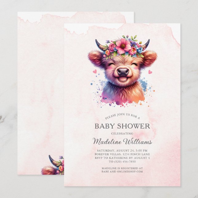 Niedlich Baby Highland Cow Baby Shower Einladung (Vorne/Hinten)