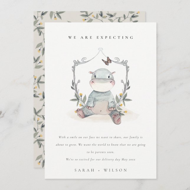 Niedlich Baby Hippo Foliage Balloon Kinderankündig Dankeskarte (Vorne/Hinten)