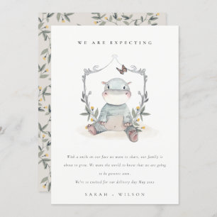 Niedlich Baby Hippo Foliage Balloon Kinderankündig Dankeskarte