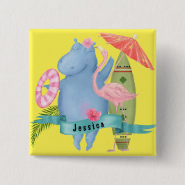 Niedlich Baby Hippo mit Flamingo Individuelle Name Button
