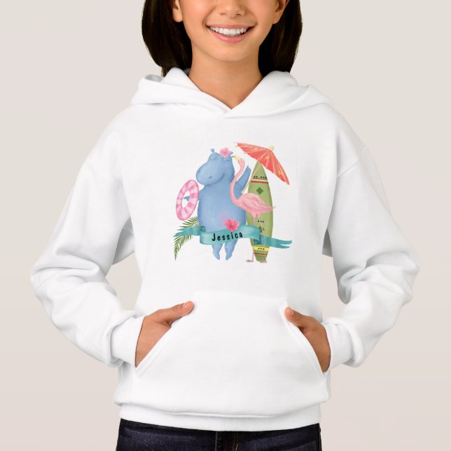 Niedlich Baby Hippo mit Flamingo Individuelle Name Hoodie (Vorderseite)