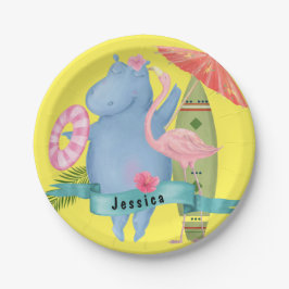 Niedlich Baby Hippo mit Flamingo Individuelle Name Pappteller