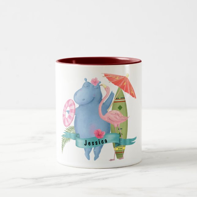 Niedlich Baby Hippo mit Flamingo Individuelle Name Zweifarbige Tasse (Mittel)