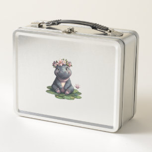 Niedlich Baby Hippo Moo Deng Lily Pad Teen Girls W Metall Brotdose