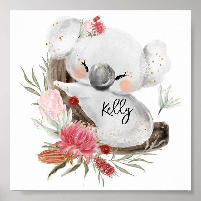 Niedlich Baby Koala Gold Speckle Individuelle Name Poster (Vorne)