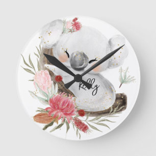 Niedlich Baby Koala Gold Speckle Individuelle Name Runde Wanduhr