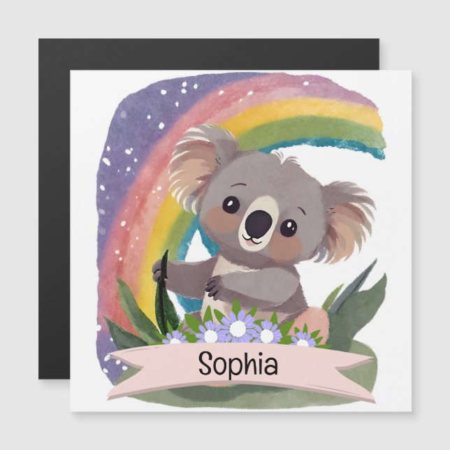 Niedlich Baby Koala Rainbow Individuelle Name Magnetkarte (Vorne/Hinten)