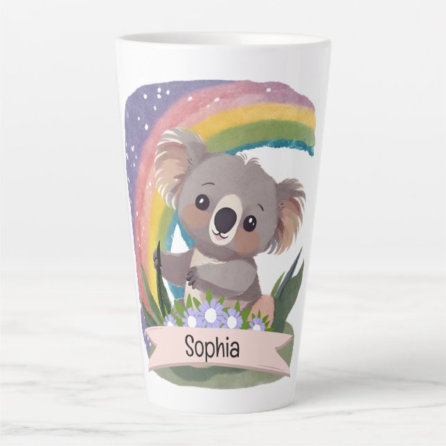 Niedlich Baby Koala Rainbow Individuelle Name Milchtasse (Vorderseite)