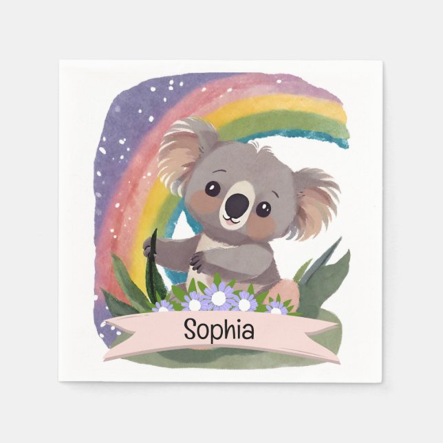 Niedlich Baby Koala Rainbow Individuelle Name Serviette (Vorderseite)