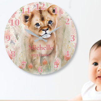 Niedlich Baby Lion Pastel Watercolor Frühlingsblum Große Wanduhr