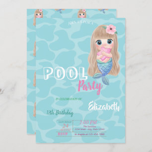 Niedlich Baby Mermaid Pool Geburtstagsparty Einladung