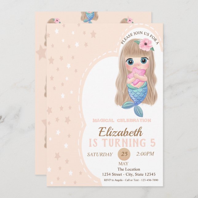 Niedlich Baby Mermaid Stars Geburtstag Einladung (Vorne/Hinten)