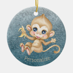 Niedlich Baby Monkey Banana Blue Glitzer Personali Keramik Ornament
