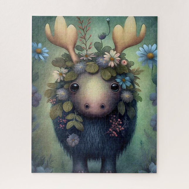 Niedlich Baby Moose Blue White Blume Malerei Puzzle (Vertikal)