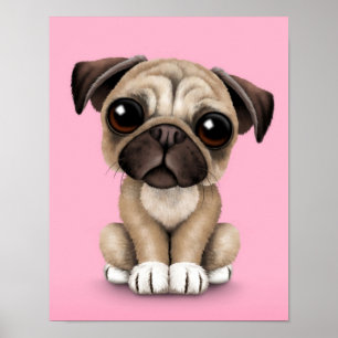 Niedlich Baby Mops Welpen Hund auf rosa Poster