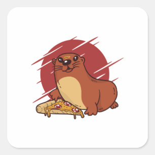 Niedlich Baby Otter Eating Yummy Pizza Design Quadratischer Aufkleber