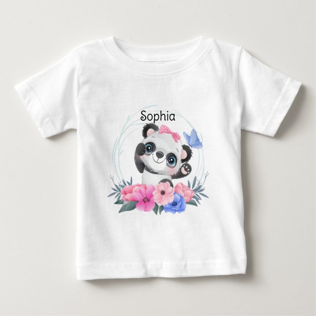 Niedlich Baby Panda Blume Wreath Individuelle Name Baby T-shirt (Vorderseite)