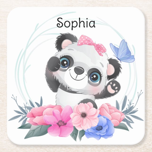 Niedlich Baby Panda Blume Wreath Individuelle Name Rechteckiger Pappuntersetzer (Vorderseite)