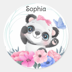 Niedlich Baby Panda Blume Wreath Individuelle Name Runder Aufkleber