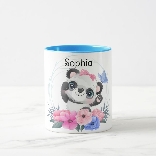 Niedlich Baby Panda Blume Wreath Individuelle Name Tasse (Zentrum)